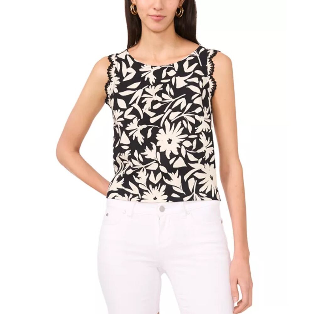 VINCE CAMUTO Women's Floral-Print Top Small Black White Crocheted-Trim NWT